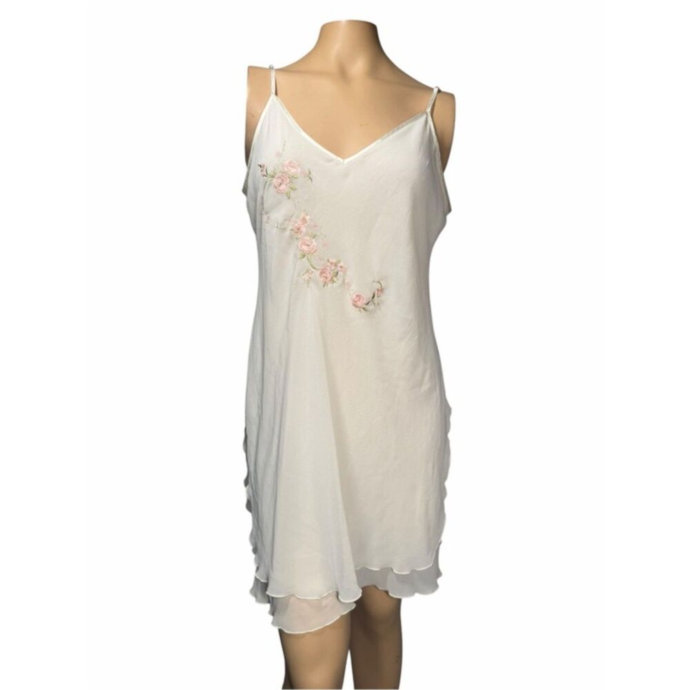Secret Treasures Sheer Chiffon Nightgown Embroidered Pink Roses Large